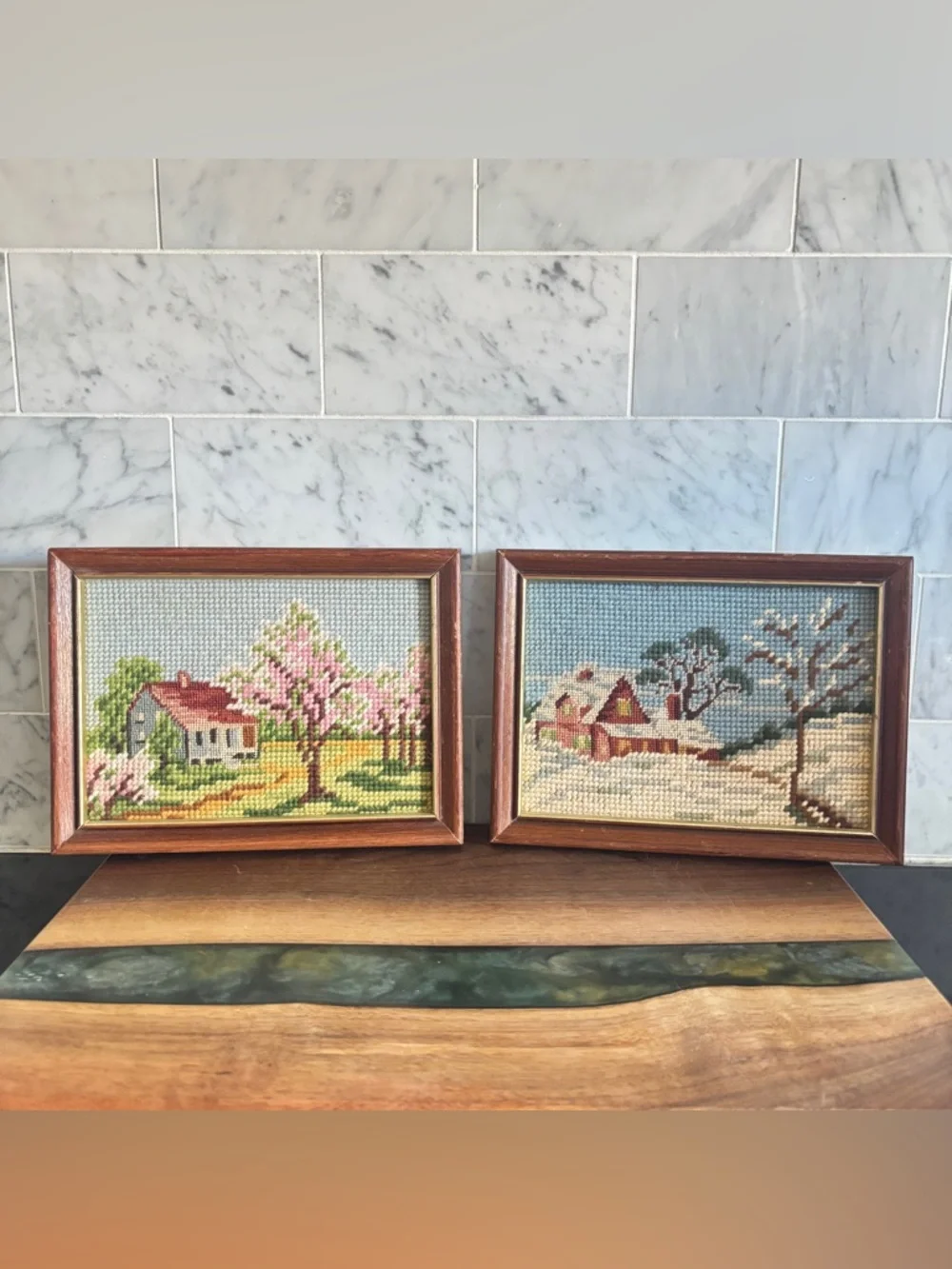 Vintage Pair of Small Framed Needlepoint Art of Spring and Winter Landscapes - Picture 1 of 10
